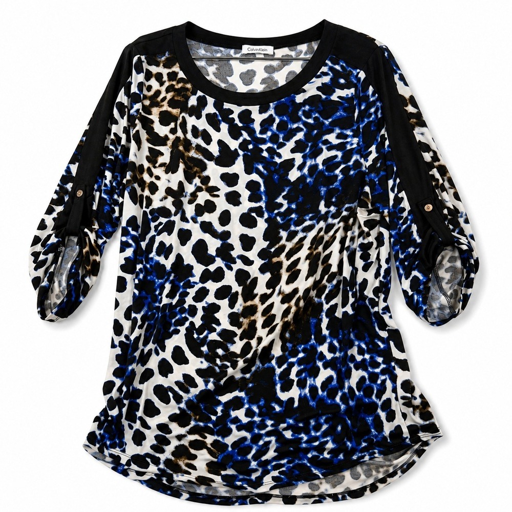Calvin Klein Animal Print Tunic Dress Blue Black Roll Tab Women's Small